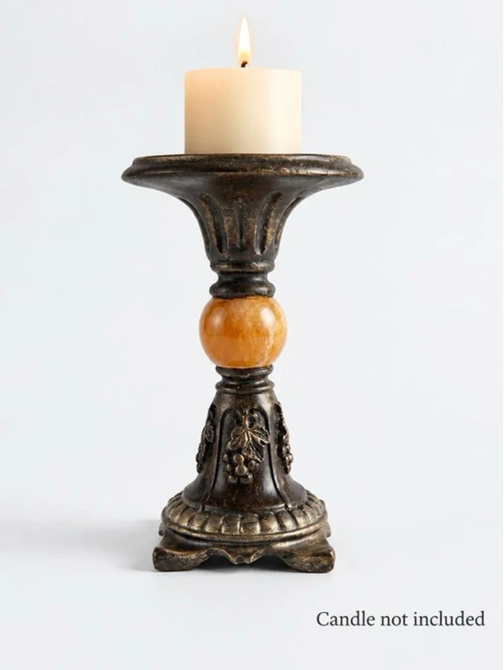 Grape Leaf Pillar Candle Holder Bronze Tone Amber Accent 6" Tuscan Decor
